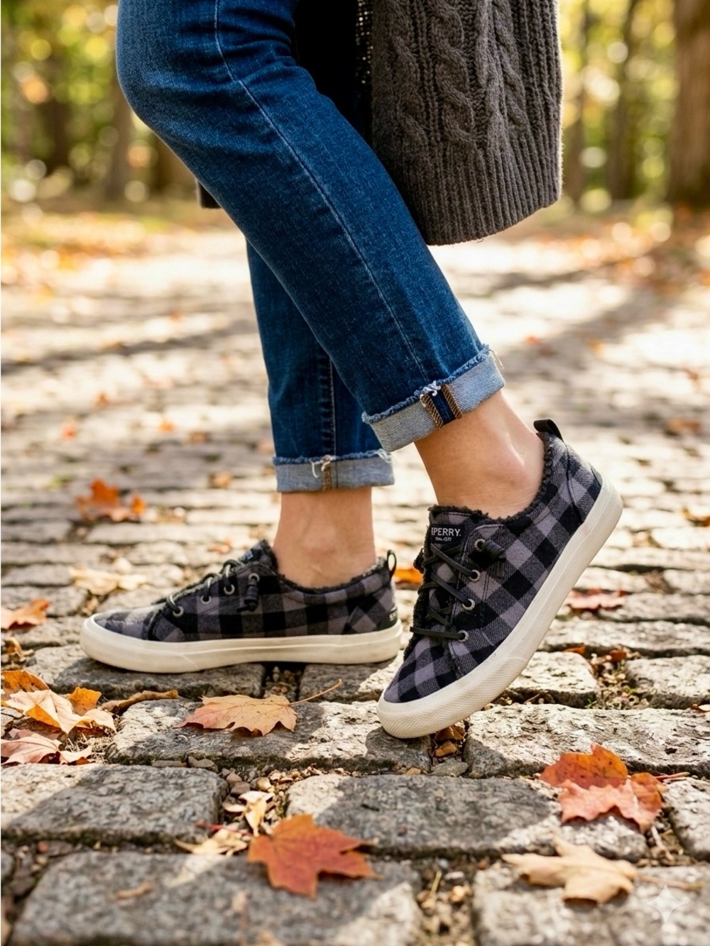 Sperry Top-Sider Pier Wave LTT Buffalo Plaid Faux Fur Sneakers Grey Black 8M